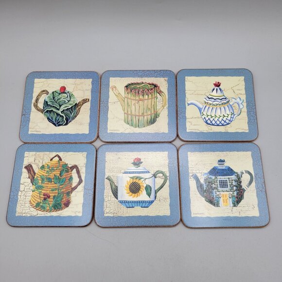 Pimpernel Art For The Table Cork Back Coasters Teapot Designs Boxed Set of 6 - Picture 1 of 7